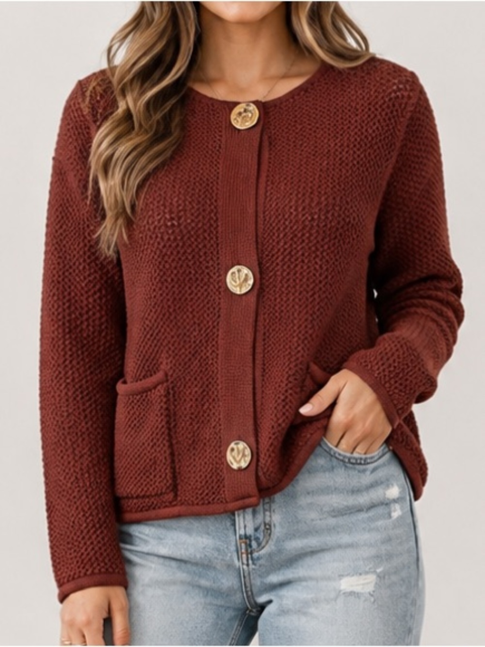 Kathy Ireland XL Rust Brown Chunky Knit Cardigan Gold Buttons Pockets NWOT